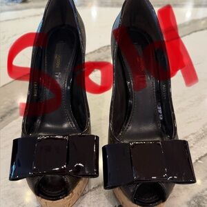 Louis Vuitton Brown Canvas and Cork Peep-Toe Heels.